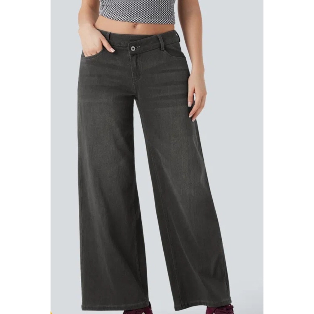 Halara Flex Asymmetric Low Rise Zipper Pockets Baggy Wide Leg Jeans Large Tall